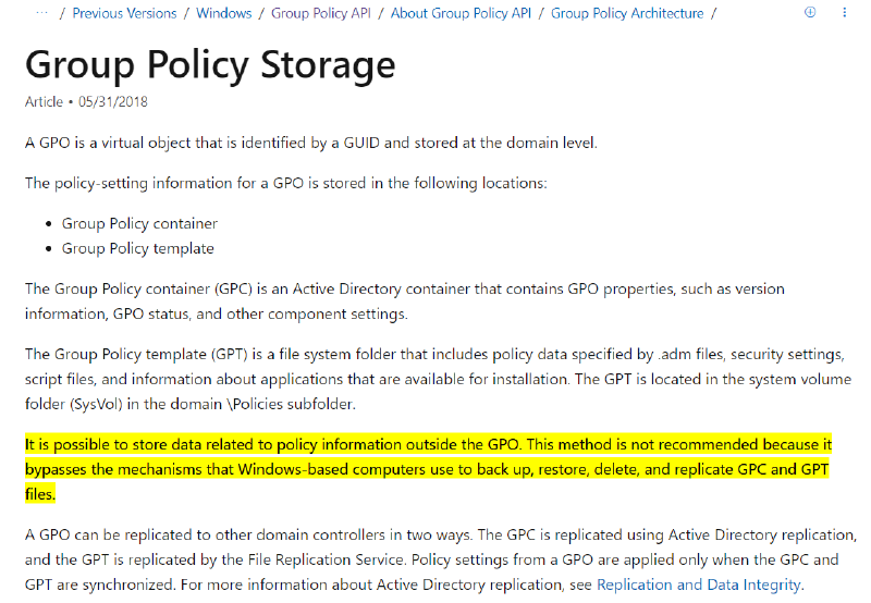 Возможность хранить политики вне SysVol