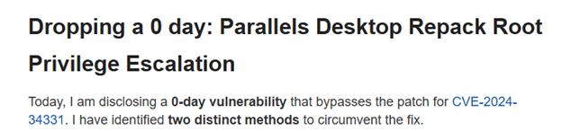 Сообщение о новом эксплоите для Parallels Desktop